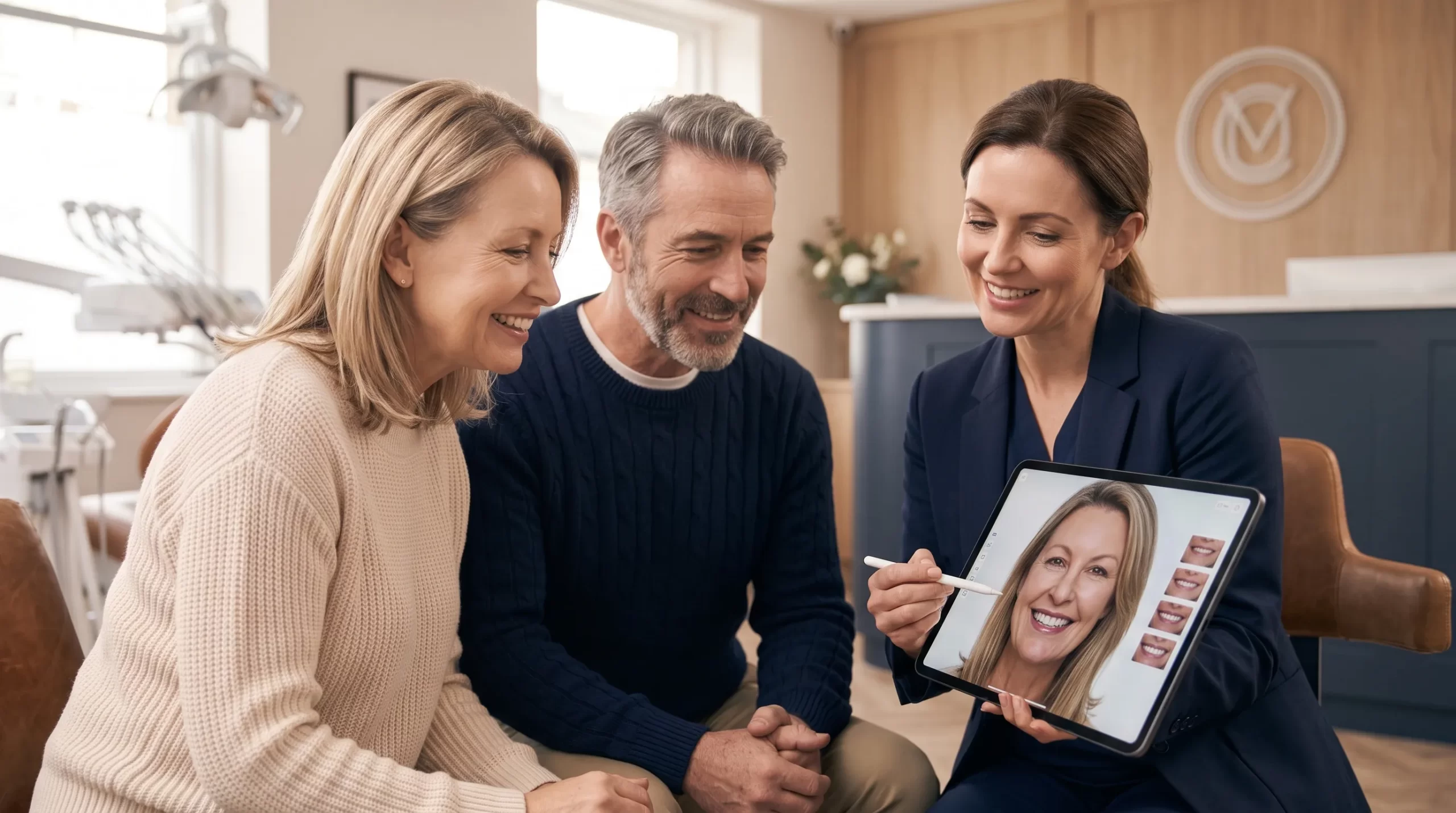 Doctor and patient reviewing a proposed digital smile on a monitor