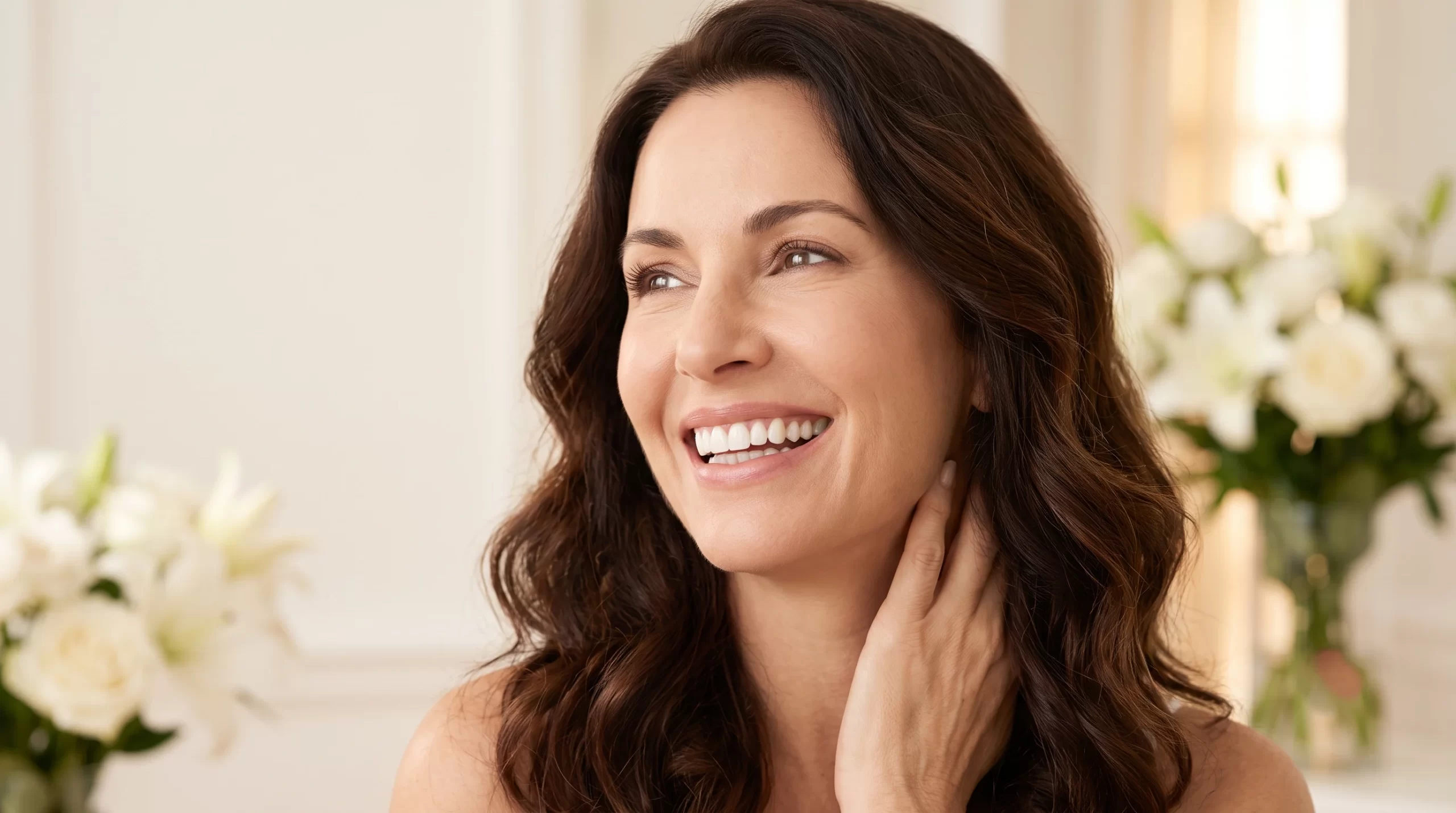 Sophisticated brunette woman enjoying her smile in a mirror
