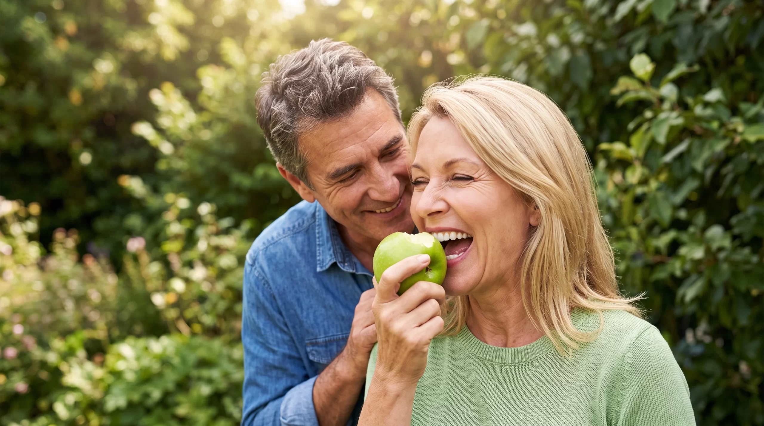 Woman confidently biting a green apple with her partner beside her